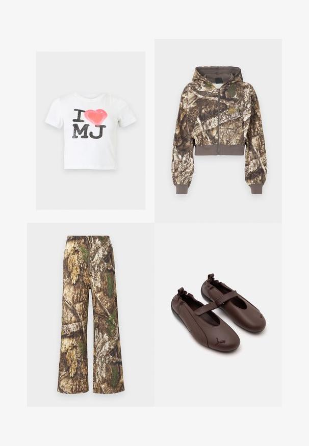 Veste à capuche zippée avec un imprimé camouflage écorce d'arbre brun et vert, poignets et taille côtelés, présentée sur un fond blanc.; Chemise blanche à manches courtes avec les lettres noires "I" et "MJ" et un cœur rouge entre elles sur le devant.; Pantalon camouflage à jambes larges. Présente un mélange de bruns terreux, de verts et de motifs texturés rappelant l'écorce d'arbre et le feuillage.; Chaussures style Mary Jane en cuir marron avec dos élastique, une bride sur le cou-de-pied et logo Puma sur les bouts arrondis.