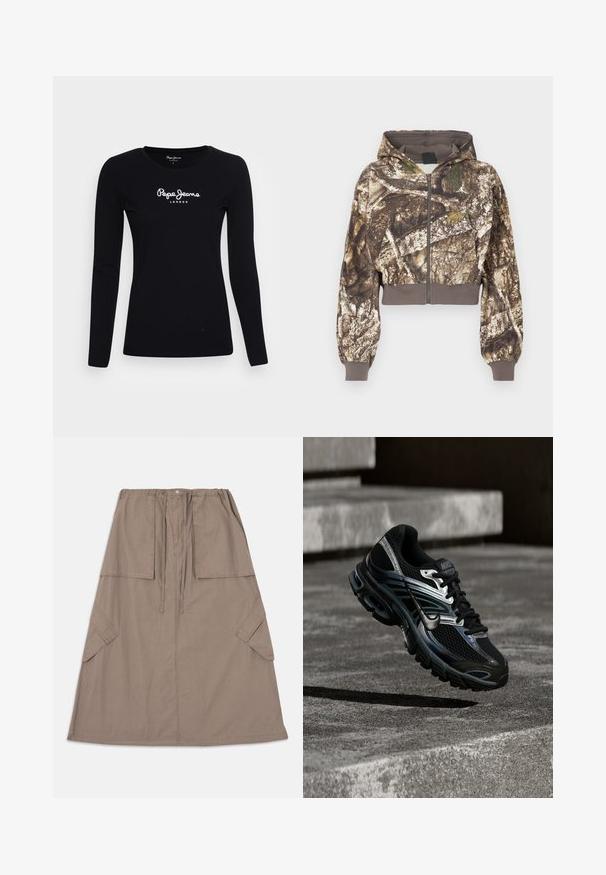 Veste à capuche zippée avec un imprimé camouflage écorce d'arbre brun et vert, poignets et taille côtelés, présentée sur un fond blanc.; T-shirt noir à manches longues en coton, avec un col rond et un logo blanc "Pepe Jeans LONDON" au centre.; Jupe trapèze taupe avec grandes poches plaquées à l'avant et sur les côtés, taille à cordon de serrage et fermeture par bouton en haut.; Chaussure de running Nike noire et argent flottant au-dessus de marches en béton, montrant un design détaillé et une semelle texturée en extérieur.