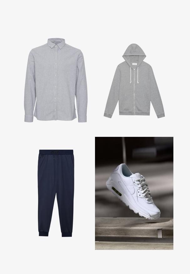 Haut à capuche zippé gris clair avec des cordons blancs, poches avant et capuche, posé à plat sur un fond blanc.; Chemise à rayures bleu et blanc. Dotée d'un col, de manches longues et d'un ourlet droit. Fabriquée en tissu léger avec une texture lisse.; Jogging en bleu marine fabriqués en tissu lisse, dotés d'une taille élastique avec cordon de serrage, de poches latérales et de poignets côtelés.; Baskets blanches en cuir avec des surfaces texturées, un col rembourré et un amorti d'air visible dans la semelle. Elles possèdent des lacets et un design minimaliste.