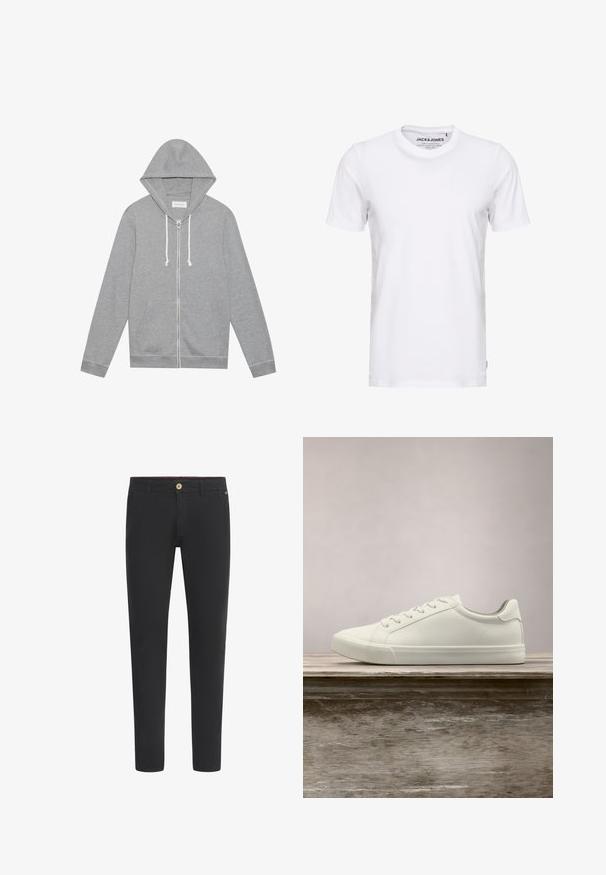Sudadera con cremallera color gris claro, con cordones blancos, bolsillos delanteros y capucha, dispuesta plana sobre un fondo blanco.; Camiseta de manga corta blanca, hecha de algodón, con cuello redondo y un diseño sencillo. Etiqueta de la marca visible en la zona del cuello. Sin patrones ni detalles.; Chinos negros de mezcla de algodón, con un diseño de corte ajustado, cierre de botón, trabillas para cinturón y bolsillos laterales. Textura suave en toda su superficie.; Zapatilla blanca con cordones flotando sobre un banco de madera con follaje verde al fondo, mostrando el diseño y la textura del zapato.