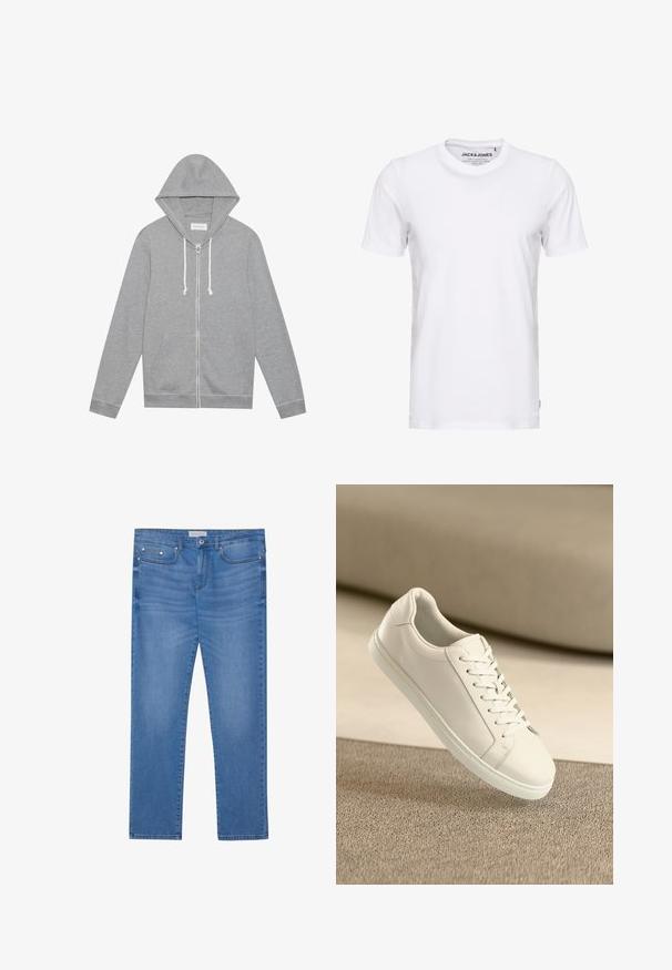 Lichtgrijze zip-up hoodie met witte trekkoorden, voorzakken en een capuchon, plat gelegd tegen een witte achtergrond.; Witte korte mouwen t-shirt van katoen, met een ronde hals en een eenvoudig ontwerp. Merktag zichtbaar op het nekgebied. Geen patronen of accenten.; Lichtblauwe spijkerbroek met een rechte pijp, vijf zakken, subtiele vervaging en metalen accenten op de taille en zakken.; Witte leren sneaker met witte veters, weergegeven op een beige textuurovervlak en een zacht vervaagd achtergrond.