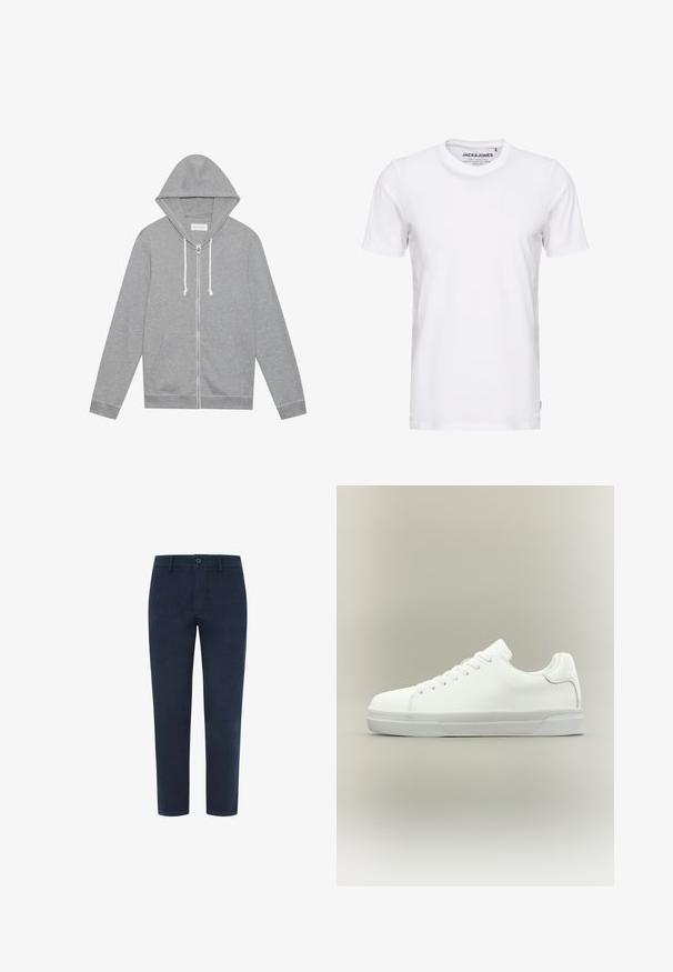 Hellgrauer Zip-Hoodie mit weißen Kordeln, vorderen Taschen und Kapuze, flach auf einem weißen Hintergrund ausgelegt.; Weißes T-Shirt mit kurzen Ärmeln aus Baumwolle, mit Rundhalsausschnitt und einem schlichten Design. Markentag im Nackenbereich sichtbar. Keine Muster oder Verzierungen.; Marineblaue Baumwoll-Chinos mit Knopfverschluss, geradem Bein und glatter Textur. Mit Seitentaschen und einer einzelnen Gesäßtasche.; Weißer Sneaker in niedriger Schnittform mit Schnürung vorne, gepolstertem Kragen und strukturiertem Gummisohle, seitlich auf neutralem Hintergrund dargestellt.