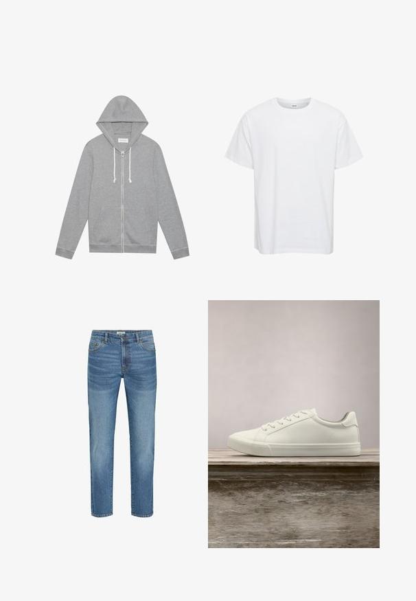 Lys grå zip-up hættetrøje med hvide snore, forlommer og hætte, lagt fladt mod en hvid baggrund.; Hvid bomulds t-shirt med korte ærmer, rund halsudskæring og en afslappet pasform. Glat tekstur, ingen mønstre eller detaljer. Simpelt design.; Lysblå denim jeans med et klassisk lige ben-design, der har fem lommer, metalknaplukning og en let falmning på stoffet.; Hvide snørresneakers svævende over en træbænk med grønne planter i baggrunden, der fremhæver skodesign og tekstur.
