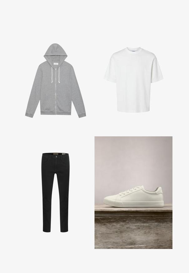 Hellgrauer Zip-Hoodie mit weißen Kordeln, vorderen Taschen und Kapuze, flach auf einem weißen Hintergrund ausgelegt.; Schlichtes weißes T-Shirt mit kurzen Ärmeln, Rundhalsausschnitt und lockerem Schnitt, abgebildet auf weißem Hintergrund.; Schwarze Jeans aus Denim mit schlanker Passform, fünf Taschen-Design und Knopfverschluss. Glatte Textur mit minimalen Nähten.; Weiße Schnürsneaker, die über einer Holzbank mit grünem Laub im Hintergrund schweben und das Schuhdesign sowie die Textur zeigen.