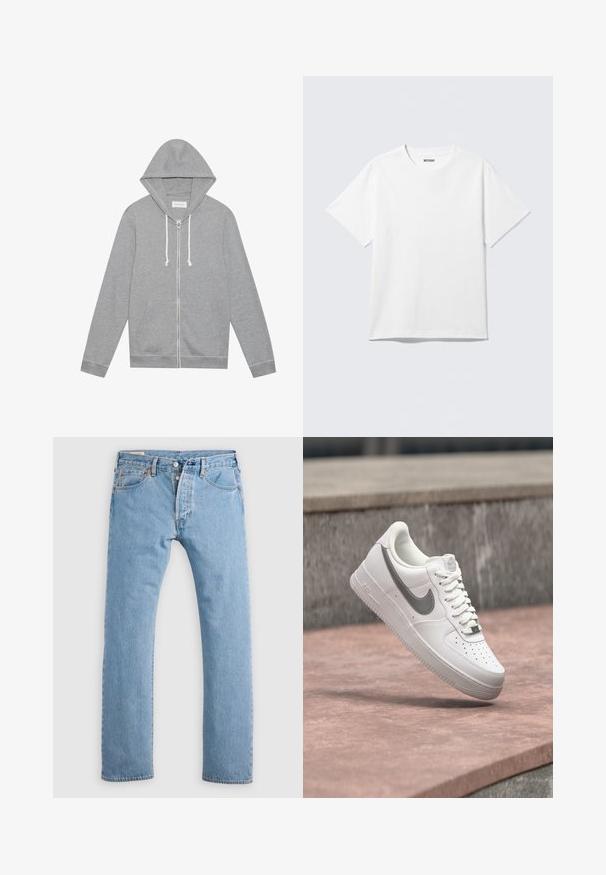 Haut à capuche zippé gris clair avec des cordons blancs, poches avant et capuche, posé à plat sur un fond blanc.; T-shirt blanc à manches courtes et col rond, étalé à plat, design uni, avec l'étiquette "WEEKDAY" à l'intérieur du col sur un fond clair.; Jean en denim droit bleu clair avec fermeture à boutons, passants de ceinture, et poches avant et arrière, présenté sur un fond blanc.; Baskets blanches Nike Air Force 1 avec logo swoosh gris flottant au-dessus d'une surface en pierre et un mur en pierre gris en arrière-plan.