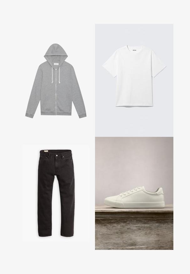 Hellgrauer Zip-Hoodie mit weißen Kordeln, vorderen Taschen und Kapuze, flach auf einem weißen Hintergrund ausgelegt.; Weißes T-Shirt mit kurzen Ärmeln und Rundhalsausschnitt, flach liegend, schlichtes Design, mit „WEEKDAY“-Etikett innen im Kragen auf hellem Hintergrund.; Schwarze Denim-Jeans mit geradem Bein, ausgestattet mit einem klassischen Fünf-Taschen-Design, subtilen Nähten und einem Metallknopfverschluss.; Weiße Schnürsneaker, die über einer Holzbank mit grünem Laub im Hintergrund schweben und das Schuhdesign sowie die Textur zeigen.