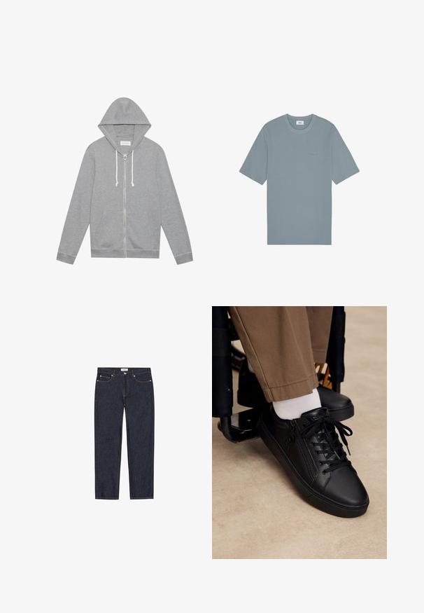 Lichtgrijze zip-up hoodie met witte trekkoorden, voorzakken en een capuchon, plat gelegd tegen een witte achtergrond.; Lichtblauw katoenen T-shirt met korte mouwen, ronde hals en subtiele "NN.07" borduring op de linkerborst.; Donkere blauwe denim jeans met een rechte pijpvorm. Voorzien van vijf zakken, een metalen knoop en contrasterende gele stiksels.; Zwarte leren sneaker met veters en zijrits, gedragen met witte sokken en bruine broek, voet rustend op de voetsteun van een rolstoel.