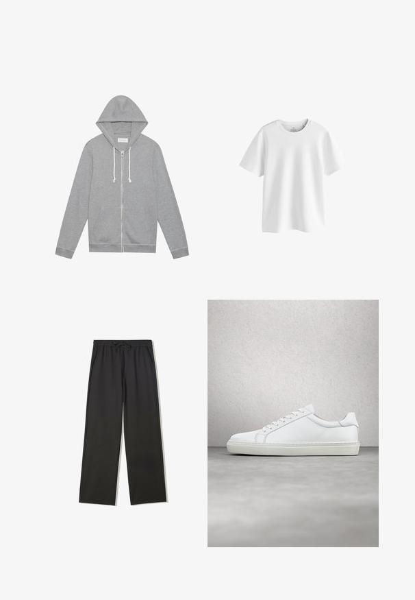 Lichtgrijze zip-up hoodie met witte trekkoorden, voorzakken en een capuchon, plat gelegd tegen een witte achtergrond.; Witte katoenen T-shirt met een ronde hals, korte mouwen en een losse pasvorm. Heeft geen zichtbare logo's of patronen. Gladde textuur.; Zwarte broek met elastische taille, trekkoord en zijzakken, voorzien van een losse pasvorm en rechte pijpen.; Witte sneaker met een gladlederen bovenwerk en een laag profiel. Voorzien van een ronde neus, zes vetergaatjes en een gestructureerde rubberen zool.
