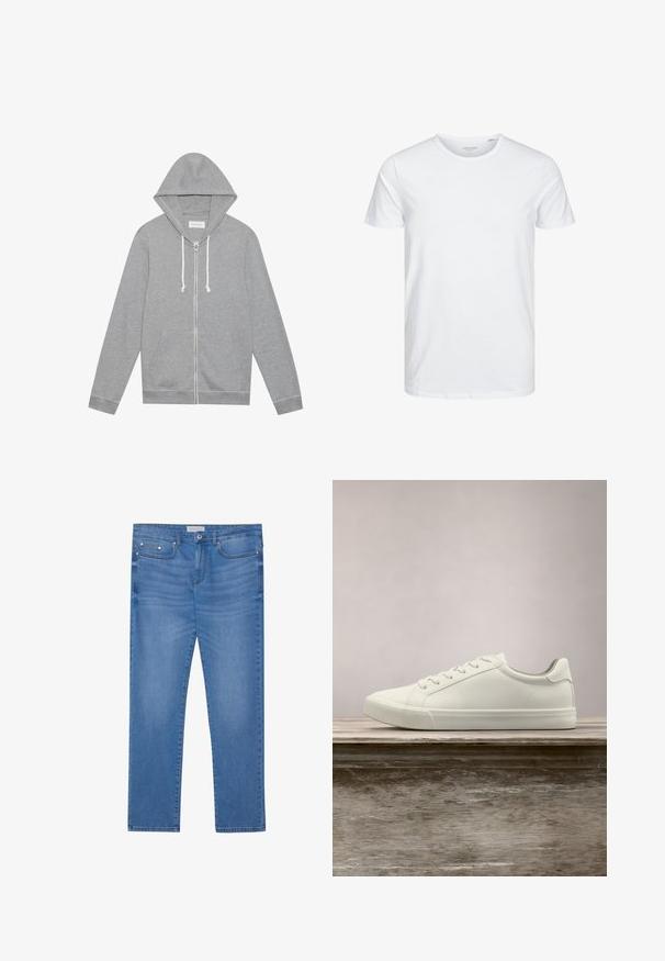 Lys grå zip-up hættetrøje med hvide snore, forlommer og hætte, lagt fladt mod en hvid baggrund.; Rundhals kortærmet t-shirt i ensfarvet hvid, lavet af blød bomuld, har et simpelt design uden synlige mønstre eller detaljer.; Lyseblå denimjeans med lige ben, femlommes design, subtil falming og metalbeslag ved taljen og lommerne.; Hvide snørresneakers svævende over en træbænk med grønne planter i baggrunden, der fremhæver skodesign og tekstur.