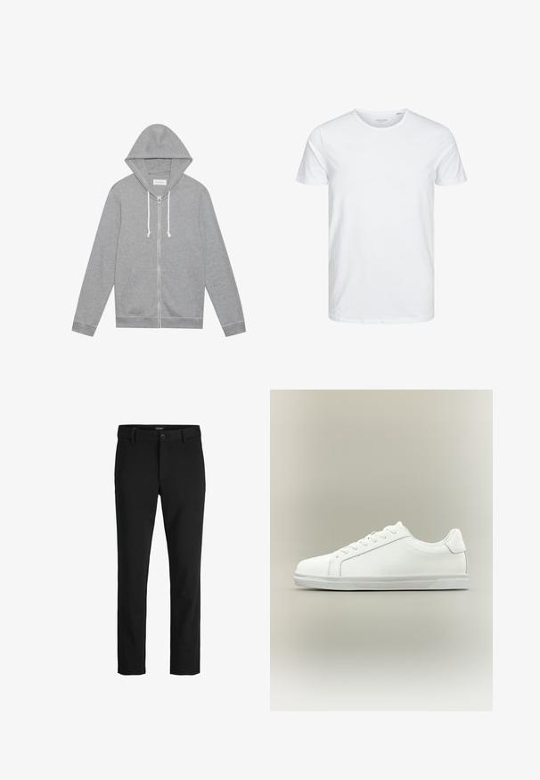 Light gray zip-up hoodie with white drawstrings, front pockets, and a hood, laid flat against a white background.; Round-neck short-sleeve t-shirt in solid white, made of soft cotton, features a simple design with no visible patterns or accents.; Black trousers made of sleek fabric, featuring a classic design, straight cut, front button closure, and side pockets.; Low-top white sneaker with lace-up front and textured rubber sole against plain neutral background.