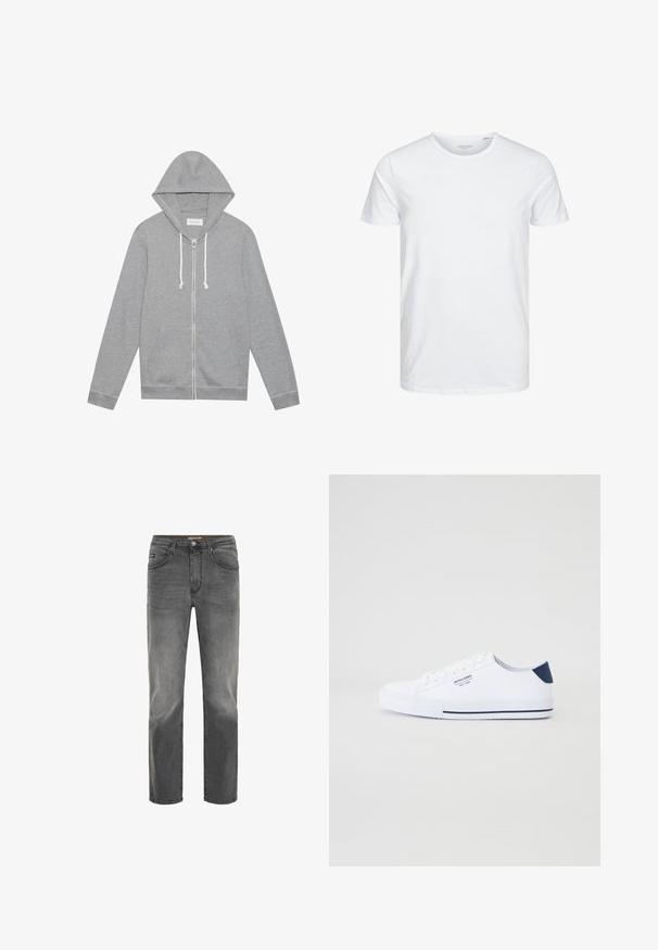 Lichtgrijze zip-up hoodie met witte trekkoorden, voorzakken en een capuchon, plat gelegd tegen een witte achtergrond.; Ronde hals kortemouwen t-shirt in effen wit, gemaakt van zachte katoen, heeft een eenvoudig ontwerp zonder zichtbare patronen of accenten.; Grijze denim jeans met een rechte pasvorm, vijf zakken en een subtiele vervaagde afwerking. Voorzien van een knoop- en ritssluiting.; Witte canvas sneakers met een marineblauwe hielaccent, platte rubberen zool, ronde neus en witte veters. Kenmerkt logo op de zijkant.