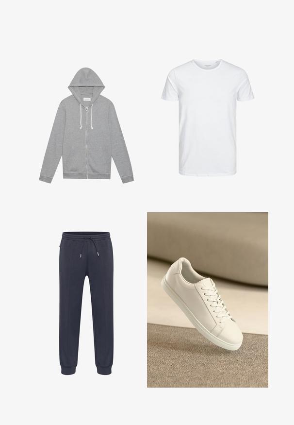 Lichtgrijze zip-up hoodie met witte trekkoorden, voorzakken en een capuchon, plat gelegd tegen een witte achtergrond.; Ronde hals kortemouwen t-shirt in effen wit, gemaakt van zachte katoen, heeft een eenvoudig ontwerp zonder zichtbare patronen of accenten.; Donkerblauwe joggingbroek met elastische tailleband, verstelbaar trekkoord, zijzakken en aansluitende boorden. Gemaakt van zacht, lichtgewicht materiaal.; Witte leren sneaker met witte veters, weergegeven op een beige textuurovervlak en een zacht vervaagd achtergrond.