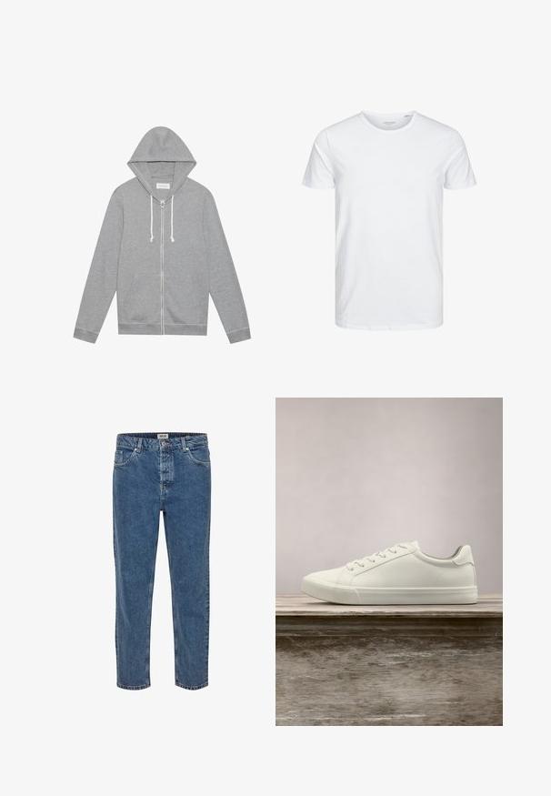 Haut à capuche zippé gris clair avec des cordons blancs, poches avant et capuche, posé à plat sur un fond blanc.; T-shirt à col rond à manches courtes de couleur blanche unie, fabriqué en coton doux, avec un design simple sans motifs ni accents visibles.; Jeans en denim bleu à coupe droite. Présente cinq poches, une fermeture à bouton et des coutures contrastées. Le tissu a une texture classique.; Sneaker en dentelle blanche flottant au-dessus d'un banc en bois avec un feuillage vert en arrière-plan, mettant en valeur le design et la texture de la chaussure.
