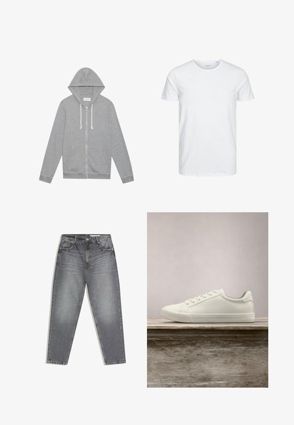 Lys grå zip-up hættetrøje med hvide snore, forlommer og hætte, lagt fladt mod en hvid baggrund.; Rundhals kortærmet t-shirt i ensfarvet hvid, lavet af blød bomuld, har et simpelt design uden synlige mønstre eller detaljer.; Grå denimjeans med høj talje, falmet detalje, fem lommer samt lukning med knap og lynlås.; Hvide snørresneakers svævende over en træbænk med grønne planter i baggrunden, der fremhæver skodesign og tekstur.