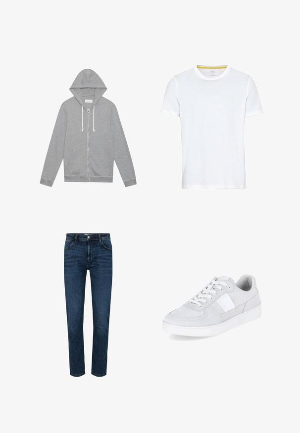 Hellgrauer Zip-Hoodie mit weißen Kordeln, vorderen Taschen und Kapuze, flach auf einem weißen Hintergrund ausgelegt.; camel active MIT RUNDHALS - T-Shirt basic - broke white; Dunkelblaue Denim-Jeans mit geradem Schnitt, Fünf-Pocket-Design und Druckknopfverschluss. Verstärkte Nähte an den Nähten und ein leichter Verblassungseffekt.; Weißer Sneaker mit niedrigem Schaft, Schnürverschluss, Wildlederstruktur, gepolstertem Kragen und dicker weißer Gummisohle, schräg gezeigt, um die Außenseite und Vorderseite zu zeigen.