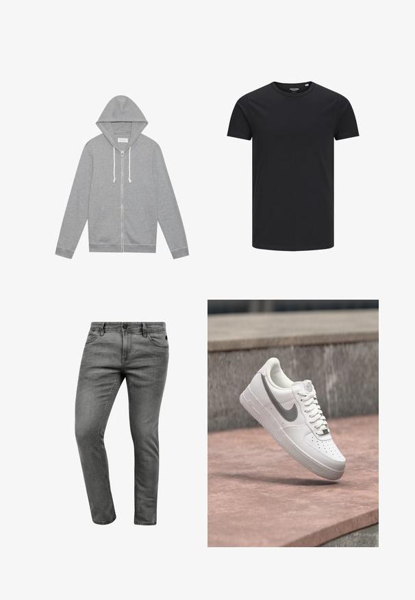 Lichtgrijze zip-up hoodie met witte trekkoorden, voorzakken en een capuchon, plat gelegd tegen een witte achtergrond.; Zwarte katoenen T-shirt met een ronde hals, korte mouwen en een eenvoudig ontwerp. Soepele textuur, geen patronen of zichtbare hardware.; Grijze denim jeans met een slim fit, voorzien van vijf zakken, een knoopsluiting en subtiele stikseldetails. Zachte textuur en een strakke uitstraling.; Witte Nike Air Force 1 sneaker met grijs swoosh-logo zwevend boven een stenen oppervlak en een grijze stenen muur op de achtergrond.