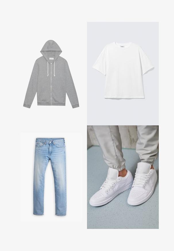 Lichtgrijze zip-up hoodie met witte trekkoorden, voorzakken en een capuchon, plat gelegd tegen een witte achtergrond.; Witte oversized T-shirt met korte mouwen, ronde hals en verlaagde schouders, plat op een lichtgrijze achtergrond.; Lichtblauwe denim jeans met een rechte pijp, vijf zakken en een knoopsluiting. Kenmerkt zich door subtiele vervaging en oranje stikselaccenten.; Witte leren sneakers met een geperforeerde neus, platte veters, een gepolsterde kraag en het Jordan-logo op de tong. Gediend met grijze joggers.