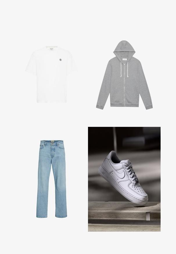 Hellgrauer Zip-Hoodie mit weißen Kordeln, vorderen Taschen und Kapuze, flach auf einem weißen Hintergrund ausgelegt.; Weißes Kurzarm-T-Shirt mit Rundhalsausschnitt und einem kleinen grauen geometrischen Logo auf der linken Brust. Hergestellt aus weichem Baumwollmaterial.; Hellblaue Jeans mit geradem Bein, Knopf- und Reißverschluss, Taschen vorne und hinten sowie Gürtelschlaufen.; Weißer Nike Air Force 1 Sneaker aus Leder mit perforierter Zehenpartie, flachen Schnürsenkeln und strukturierter Gummisohle mit "AIR"-Branding an der Seite.