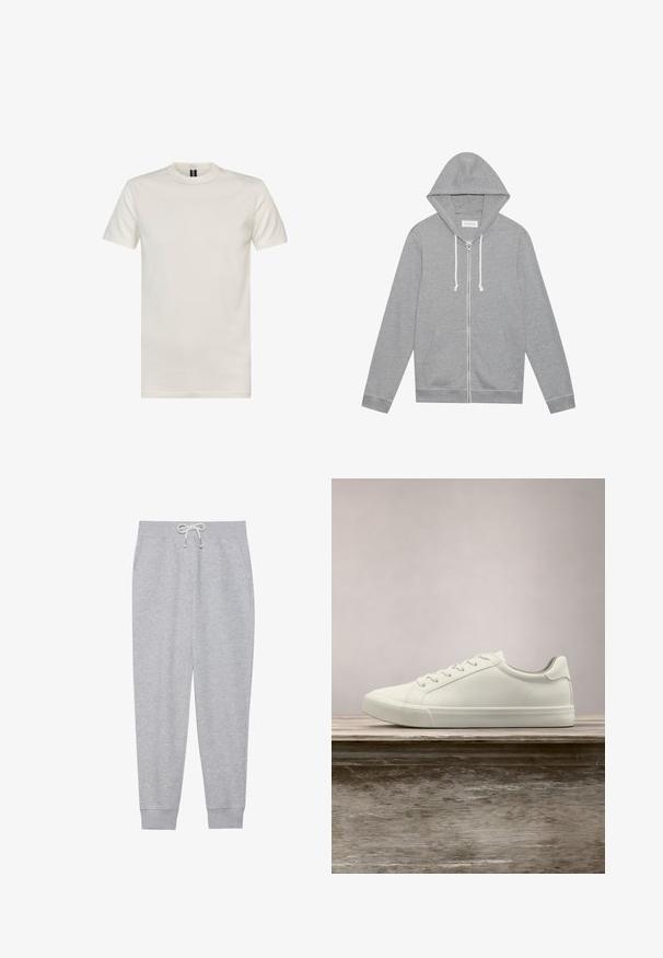Hellgrauer Zip-Hoodie mit weißen Kordeln, vorderen Taschen und Kapuze, flach auf einem weißen Hintergrund ausgelegt.; Crewneck T-Shirt mit kurzen Ärmeln aus elfenbeinfarbenem Baumwollmaterial. Verfügt über eine glatte Textur, eine normale Passform und ein minimalistisches Design ohne Muster.; Graue Sweatpants aus weichem Stoff, mit einem elastischen Bund und einem Kordelzug, seitlichen Taschen und gerippten Bündchen an den Knöcheln.; Weiße Schnürsneaker, die über einer Holzbank mit grünem Laub im Hintergrund schweben und das Schuhdesign sowie die Textur zeigen.