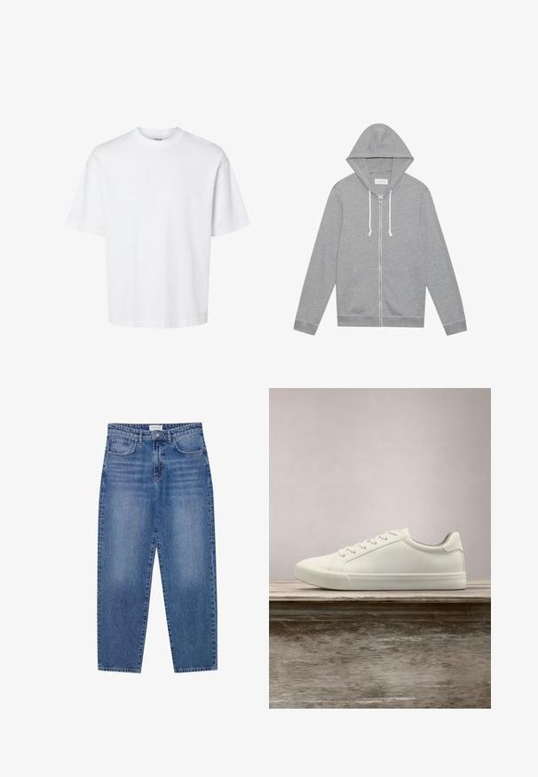 Lys grå zip-up hættetrøje med hvide snore, forlommer og hætte, lagt fladt mod en hvid baggrund.; Enkelt hvid t-shirt med korte ærmer og rund hals med afslappet pasform, vist på en ensfarvet baggrund.; Blå denim jeans med høj talje, lige ben design og slidte finish. Har fem lommer og en knaplukning.; Hvide snørresneakers svævende over en træbænk med grønne planter i baggrunden, der fremhæver skodesign og tekstur.