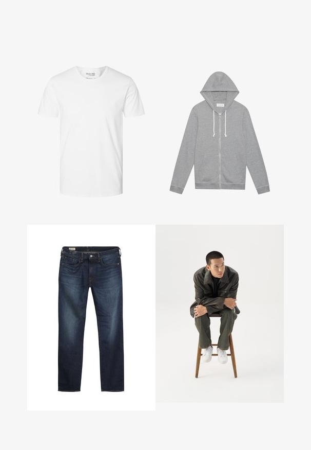 Lys grå zip-up hættetrøje med hvide snore, forlommer og hætte, lagt fladt mod en hvid baggrund.; Enkelt hvid t-shirt med korte ærmer og rund hals, lavet af økologisk bomuld, mærket Selected Homme, størrelse large.; Mørkeblå denimjeans med lige ben-design, let falmede på forsiden, fem lommer og sølvet knaplukning.; Ung mand i mørk læderjakke og jeans sidder på en træskammel, læner sig fremad med armene krydset og kigger til siden mod hvid baggrund.