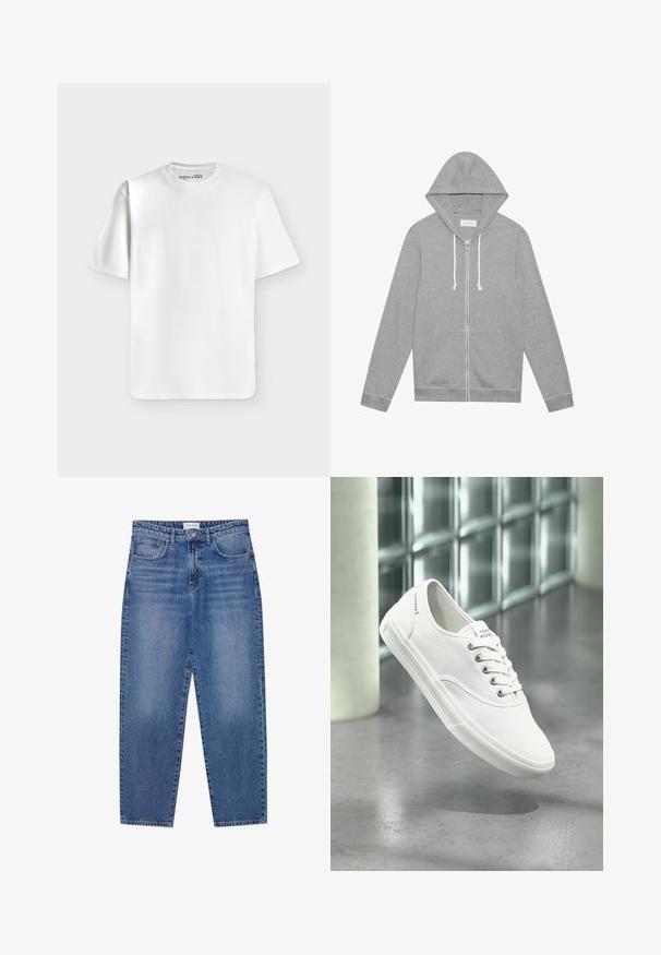 Haut à capuche zippé gris clair avec des cordons blancs, poches avant et capuche, posé à plat sur un fond blanc.; T-shirt blanc uni à manches courtes et col rond, posé à plat sur un fond gris clair avec une petite étiquette de marque à l’intérieur du col.; Jean en denim bleu avec une taille haute, une coupe droite et une finition délavée. Comprend cinq poches et une fermeture à bouton.; Baskets basses blanches en toile avec lacets, étiquetées Tommy Hilfiger, montrées flottant au-dessus d’un sol gris lisse près d’un mur en briques de verre.