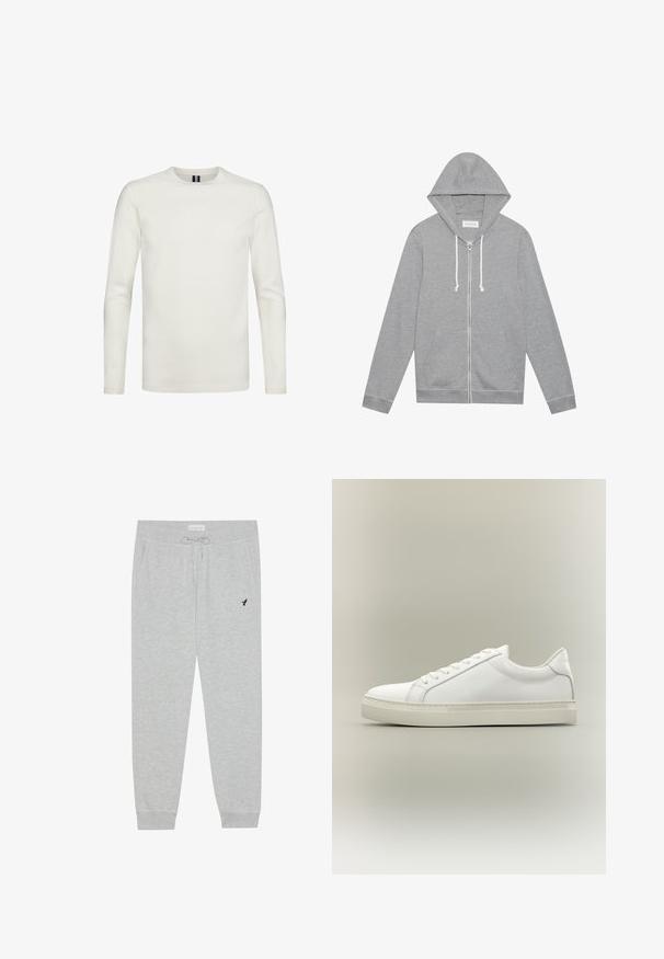 Lys grå zip-up hættetrøje med hvide snore, forlommer og hætte, lagt fladt mod en hvid baggrund.; Hvid langærmet T-shirt lavet af blødt stof med rund hals og tætsiddende ærmer, uden synlige mønstre eller udsmykninger.; Pier One by Zalando Træningsbukser - hellgrau; Hvid lavtop sneaker med snørebånd foran og tyk sål, vist fra siden mod en neutral baggrund.