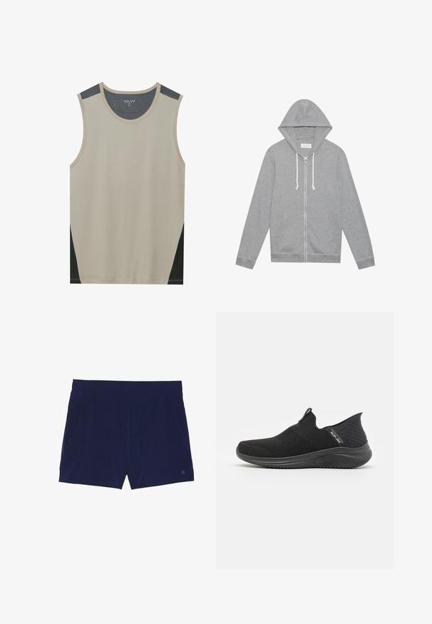 Lys grå zip-up hættetrøje med hvide snore, forlommer og hætte, lagt fladt mod en hvid baggrund.; Beige ærmeløs tanktop med mørkegrå skulderdetaljer og sorte sidelapper. Glat tekstur med en rund halsudskæring.; Marineblå svøm shorts lavet af letvægtsstof, med elastisk talje og to sidelommer til opbevaring.; Svarte slip-on sko med en åndbar mesh overdel, struktureret design, fleksibel sål og en glat, polstret indersål.