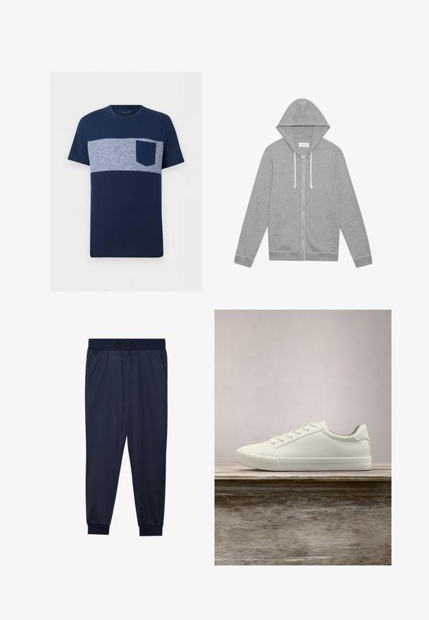 Haut à capuche zippé gris clair avec des cordons blancs, poches avant et capuche, posé à plat sur un fond blanc.; T-shirt homme bleu marine à manches courtes avec une bande horizontale rayée bleu clair et blanc sur la poitrine et une poche poitrine unie bleu marine.; Jogging en bleu marine fabriqués en tissu lisse, dotés d'une taille élastique avec cordon de serrage, de poches latérales et de poignets côtelés.; Sneaker en dentelle blanche flottant au-dessus d'un banc en bois avec un feuillage vert en arrière-plan, mettant en valeur le design et la texture de la chaussure.