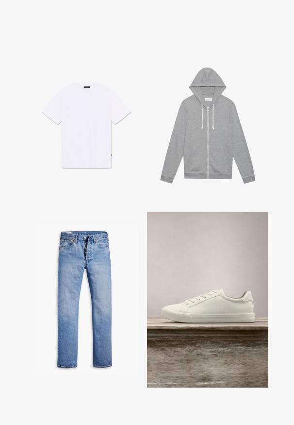 Lichtgrijze zip-up hoodie met witte trekkoorden, voorzakken en een capuchon, plat gelegd tegen een witte achtergrond.; Witte T-shirt met korte mouwen en een ronde hals, plat liggend getoond van achteren, met een klein zwart label bij de hals en zijnaad.; Lichtblauwe denim jeans met een rechte broekspijp, vijfknopen sluiting, riemlussen en subtiele vervaging. Heeft twee voorzakken en koperen klinknagels.; Witte vetersneaker die boven een houten bank zweeft met groene bladeren op de achtergrond, waarbij het ontwerp en de textuur van de schoen worden getoond.