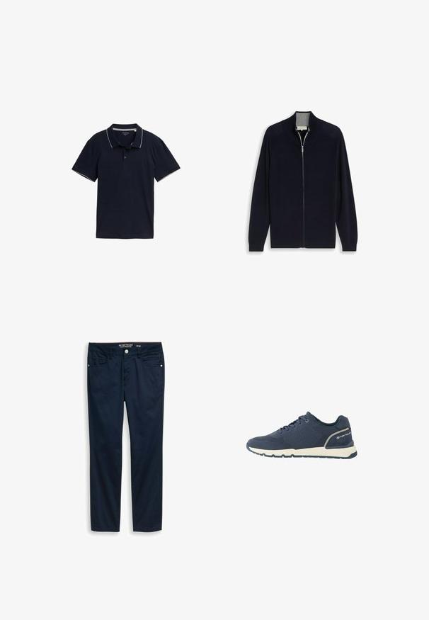 Cardigan negro con cremallera, mangas largas y cuello alto, mostrado plano sobre un fondo blanco.; Polo de color azul marino hecho de algodón, con un cuello clásico, tapeta de tres botones y un contraste de ribete gris claro en el cuello y las mangas.; Pantalones azul oscuro de corte recto con cierre frontal de botón y cremallera, trabillas para cinturón y bolsillos delanteros y traseros, talla 31/32.; Zapatilla deportiva azul marino con parte superior de malla, suela blanca, suela exterior negra y logo "Tom Tailor" en el contrafuerte del talón.