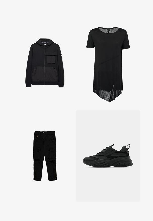 Sort lynlåstrøje med hætte, frontlomme med klap, to sidelommer med knap, ribstrikkede ærmegab og et lille mærke på venstre ærme.; Sort kortærmet t-shirt med rund halsudskæring, asymmetrisk kant, gennemsigtig tekstur og en sidelukning. Blødt, let stof.; Sorte cargo-bukser lavet af bomuld, med sidelommer, lynlåse ved anklerne og en regular-fit design.; Sorte atletiske sneakers med en kraftig sål, meshpaneler og gummidetaljer. Har en trækflap ved hælen og strukturerede mønstre.