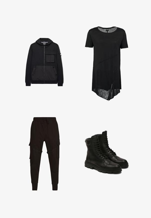 Sweat à capuche noir zippé avec poche à rabat sur le devant, deux poches latérales à boutons, poignets côtelés et un petit écusson sur la manche gauche.; T-shirt noir à manches courtes avec un col rond, ourlet asymétrique, texture transparente et un détail de zipper sur le côté. Tissu doux et léger.; Pantalons cargo noirs avec taille élastique à cordon, poches latérales et accents texturés sur les poches cargo et les sangles. Poignets ajustés aux chevilles.; Bottes en cuir noir avec un design à lacets, dotées d'une fermeture éclair sur le côté, d'une semelle robuste et d'un embout renforcé. Texture lisse et construction solide.