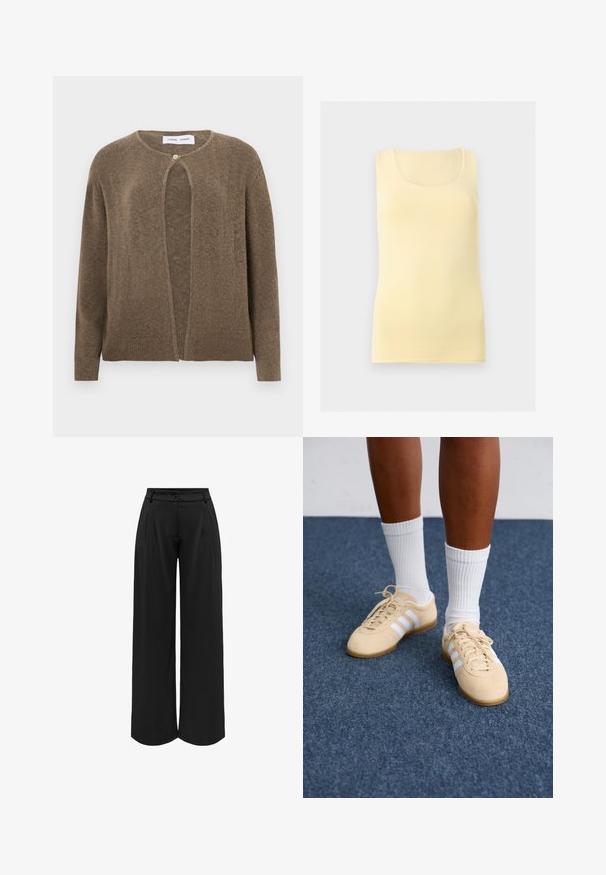 Cardigan ouvert marron avec un col rond et des manches longues. Présente une fermeture à un bouton et des poignets et un ourlet côtelés. Texture douce.; Débardeur jaune pâle sans manches avec un col rond, présenté sur un fond uni gris clair.; Pantalons larges noirs avec une taille ajustée, plis plats à l'avant et fermeture à bouton. Fabriqués dans un matériau fluide, présentant une texture lisse.; Personne portant des baskets Adidas beiges avec des rayures blanches et des chaussettes blanches, se tenant sur un sol en moquette bleue.