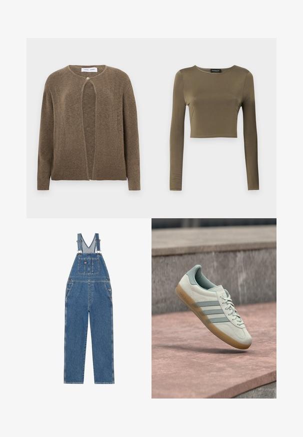 Brun, åben front cardigan med rund halsudskæring og lange ærmer. Har en enkelt knaplukning og ribbede manchetter og kant. Blød tekstur.; Oliven grøn, langærmet cropped top i et glat, strækbart stof; har en rund halsudskæring og en skræddersyet pasform med færdige kanter.; Denim overalls med justerbare stropper, V-formet brystlomme, frontlomme og sidelommer. Har en klassisk blå farve og kontrastsyninger.; Lysebeige ruskindssneaker med blå accenter, med tre sidestreger, en tekstureret gummisål og flade snørebånd. Modelnavnet "Gazelle" er synligt.