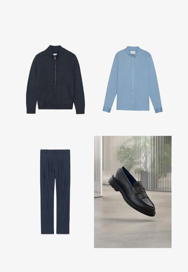 Gebreide donkergrijze cardigan met een hoge kraag, volle ritssluiting en twee zijzakken. Gelaagd stof met geribde manchetten en onderrand.; Lichtblauw overhemd met lange mouwen en een button-down kraag, een slank ontwerp, en een geborduurd logo op de borst. Voorzien van metalen knopen.; Maries in marineblauw met streepdessin voor mannen, met riemlussen, voorkruisplooien en rechte benen plat gelegd op een witte achtergrond.; Zwarte leren loafers met een gladde afwerking, voorzien van een decoratieve band en een gestructureerd paneel aan de voorkant, en een rubberen zool met textuur.