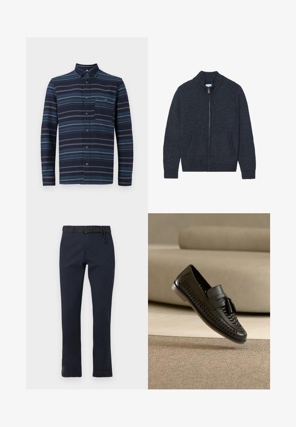 Gestrickte dunkelgraue Strickjacke mit hohem Kragen, vollem Reißverschluss und zwei Seitentaschen. Strukturierter Stoff mit gerippten Bündchen und Saum.; Langärmliges Hemd mit Knopfleiste in Navy mit unterschiedlichen blauen horizontalen Streifen, einem Kragen und einer Brusttasche. Weicher Stoff.; Marineblaue Hose mit geradem Schnitt, gefertigt aus strapazierfähigem Stoff. Enthält einen schwarzen Gürtel und ein einfaches, ungemustertes Design.; Schwarzer geflochtener Leder-Slipper mit Quasten, mit nach oben geneigter Sohle auf einem beigen Teppich vor einem beigen Sofahintergrund liegend.