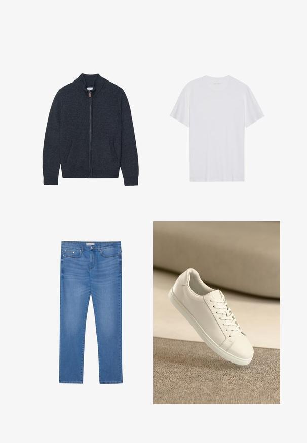 Strikket mørkegrå cardigan med høj krave, fuld lynlås og to sidelommer. Teksturstof med ribbede manchetter og kant.; Hvid bomulds T-shirt med korte ærmer, rund hals og en glat tekstur. Har minimal branding på halsudskæringen.; Lyseblå denimjeans med lige ben, femlommes design, subtil falming og metalbeslag ved taljen og lommerne.; Hvide lædersneakers med hvide snørebånd, præsenteret på en beige tekstureret overflade og med en blødt uskarp baggrund.