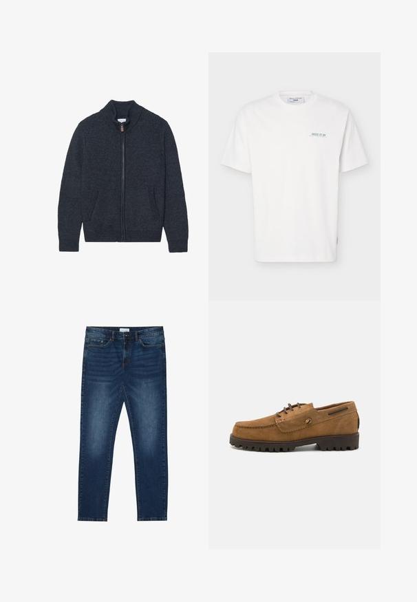 Cardigan tricotat, de culoare gri închis, cu guler înalt, fermoar complet și două buzunare laterale. Material texturat cu manșete și tiv cu fâșii.; Tricou alb cu mâneci scurte și guler rotund, cu un mic text verde "JUICE IT UP Marc O'Polo Denim" pe zona stângă a pieptului.; Jeans strâmți de culoare albastru închis, cu detalii estompate, design clasic cu cinci buzunare, închidere cu buton și bucle pentru curea.; Pantofi din suede maro cu vârful rotunjit, accente contrastante din fire și o talpă din cauciuc texturată cu crampoane adânci pentru aderență.