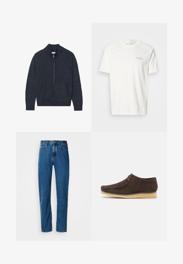 Strikket mørkegrå cardigan med høj krave, fuld lynlås og to sidelommer. Teksturstof med ribbede manchetter og kant.; Bomulds T-shirt med rund hals i off-white med korte ærmer. Har et lille gråt logo på brystet. Glat tekstur og klassisk pasform.; Blå lige ben denim jeans med fem lommer og frontlukning med knap på en hvid baggrund.; Brune ruskindsko med en glat overflade, rund tå og minimalistisk design. Har en lysgummisål og kontrastfarvet snøredetalje.