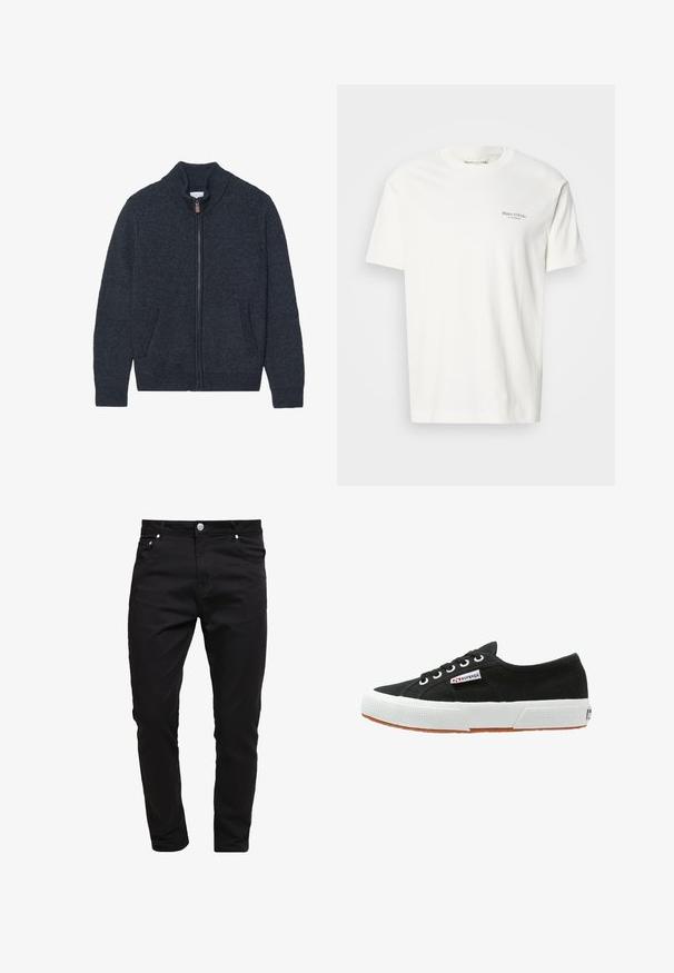 Strikket mørkegrå cardigan med høj krave, fuld lynlås og to sidelommer. Teksturstof med ribbede manchetter og kant.; Bomulds T-shirt med rund hals i off-white med korte ærmer. Har et lille gråt logo på brystet. Glat tekstur og klassisk pasform.; Sorte jeans lavet af denimstof, slim fit design, fem-lomme stil, metal knaplukning, med syninger og en glat tekstur.; Sort lærredssneaker med hvid gummisål og brunt gummiydersål. Har rund tå, snørebåndsdesign og lille logoetiket på siden.