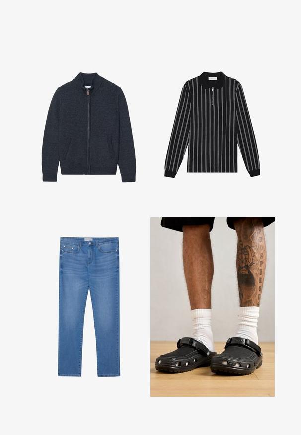 Gebreide donkergrijze cardigan met een hoge kraag, volle ritssluiting en twee zijzakken. Gelaagd stof met geribde manchetten en onderrand.; Zwart polo-shirt met lange mouwen en witte verticale strepen, voorzien van een ritskraag en een gestructureerde stof. Aangevuld met geribde manchetten.; Lichtblauwe spijkerbroek met een rechte pijp, vijf zakken, subtiele vervaging en metalen accenten op de taille en zakken.; Zwarte klompen met een gestructureerde bovenkant, verstelbare band en ventilatiegaten, gecombineerd met witte crew-sokken en shorts tot boven de knie.