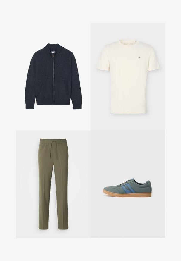 Strikket mørkegrå cardigan med høj krave, fuld lynlås og to sidelommer. Teksturstof med ribbede manchetter og kant.; Simpel off-white t-shirt med korte ærmer og rund halsudskæring med en lille "Scotch & Soda" logo på øverste venstre bryst.; Olivengrønne, letvægtsbukser med elastisk talje og justerbar snor; lige ben design og glat tekstur.; Lys grøn ruskind sneaker med blå detaljer, flade snørebånd og en beige gummisål. Rund toe og lavprofil design.