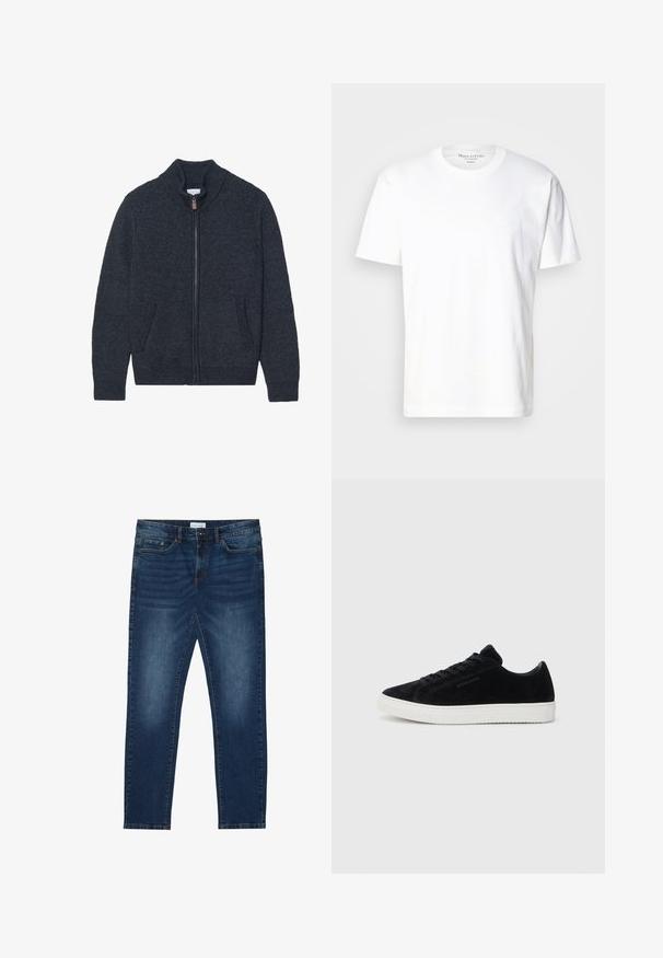 Cardigan en maille gris foncé avec un col montant, une fermeture éclair intégrale et deux poches latérales. Tissu texturé avec des poignets et un ourlet côtelés.; T-shirt en coton blanc avec un col rond et des manches courtes. Présente un détail de logo subtil sur le devant. Texture lisse, coupe décontractée.; Jean slim-fit bleu foncé avec des détails délavés, design classique à cinq poches, fermeture à bouton et passants de ceinture.; Baskets en suède noir au design basse, à bout rond et semelle en caoutchouc blanche. Elles possèdent des lacets noirs et un branding minimaliste sur le côté.