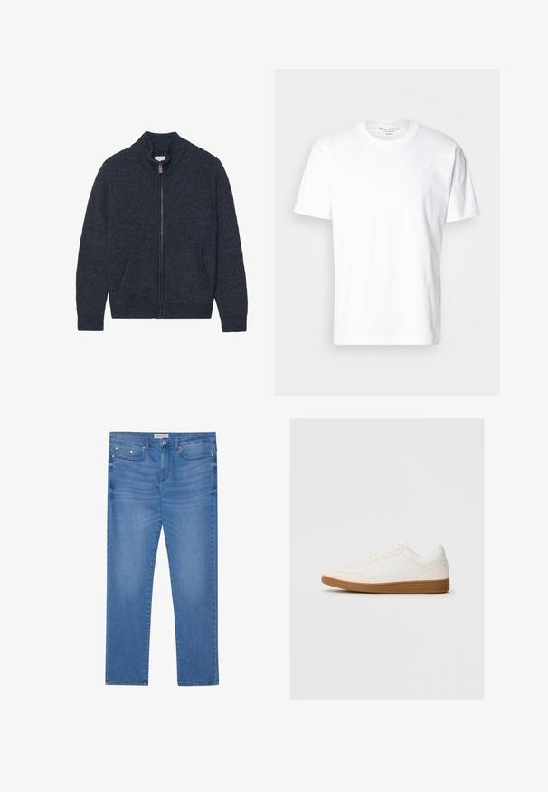 Gebreide donkergrijze cardigan met een hoge kraag, volle ritssluiting en twee zijzakken. Gelaagd stof met geribde manchetten en onderrand.; Witte katoenen t-shirt met een ronde hals en korte mouwen. Kenmerkt zich door een subtiele logo-detail aan de voorkant. Gladde textuur, casual pasvorm.; Lichtblauwe spijkerbroek met een rechte pijp, vijf zakken, subtiele vervaging en metalen accenten op de taille en zakken.; Witte sneaker met een suède neus, een glad synthetisch bovenwerk en een tan rubberen zool. Beschikt over perforaties aan de zijkanten voor ventilatie.