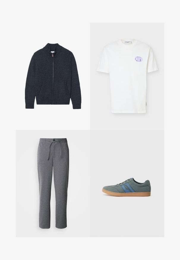Gebreide donkergrijze cardigan met een hoge kraag, volle ritssluiting en twee zijzakken. Gelaagd stof met geribde manchetten en onderrand.; Wit katoenen T-shirt met korte mouwen, met een lila ovale logo op de linkerborst en een ronde hals.; Grijze sweatpants gemaakt van zachte stof, met een trekkoord in de taille, rechte pijpen en een eenvoudig, onversierd design.; Lichtgroene suède sneaker met blauwe accenten, platte veters en een beige rubberen zool. Rond neus en laag profiel ontwerp.