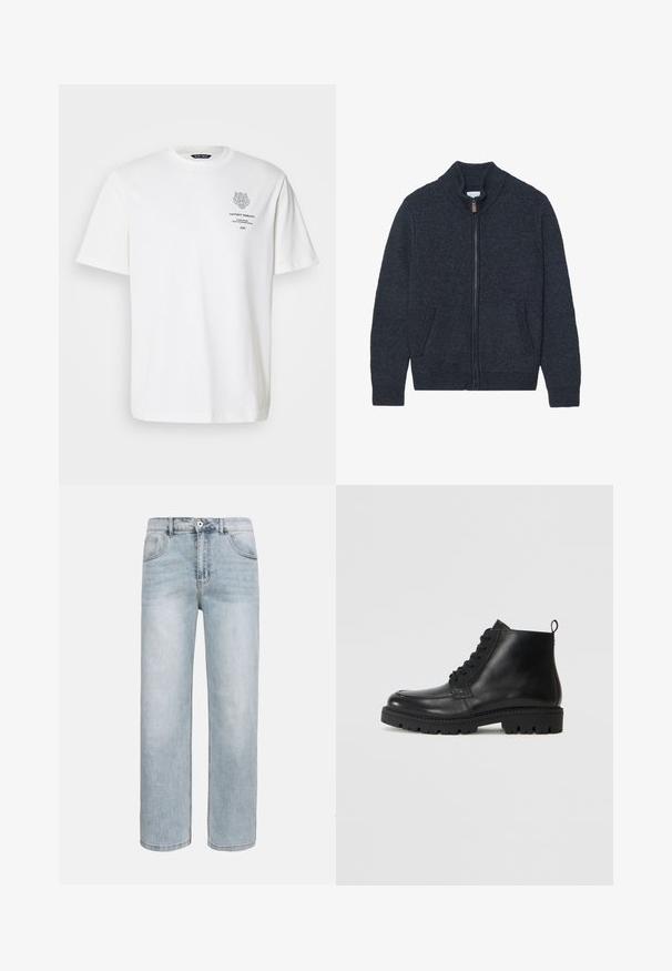 Cárdigan de punto gris oscuro con cuello alto, cremallera completa y dos bolsillos laterales. Tejido texturizado con puños y bajo acanalados.; Camiseta de algodón blanca con cuello redondo, mangas cortas y un diseño impreso de logo y texto en la parte delantera en gris.; Jeans azul claro de pierna recta con bolsillos delanteros, cierre de botón y un sutil desgaste en los muslos y las rodillas.; Botas negras de cuero hasta el tobillo con punta redonda, cordones en la parte delantera y suela de goma texturizada. Incluye una pestaña en el talón para ponerlas y quitarlas fácilmente.