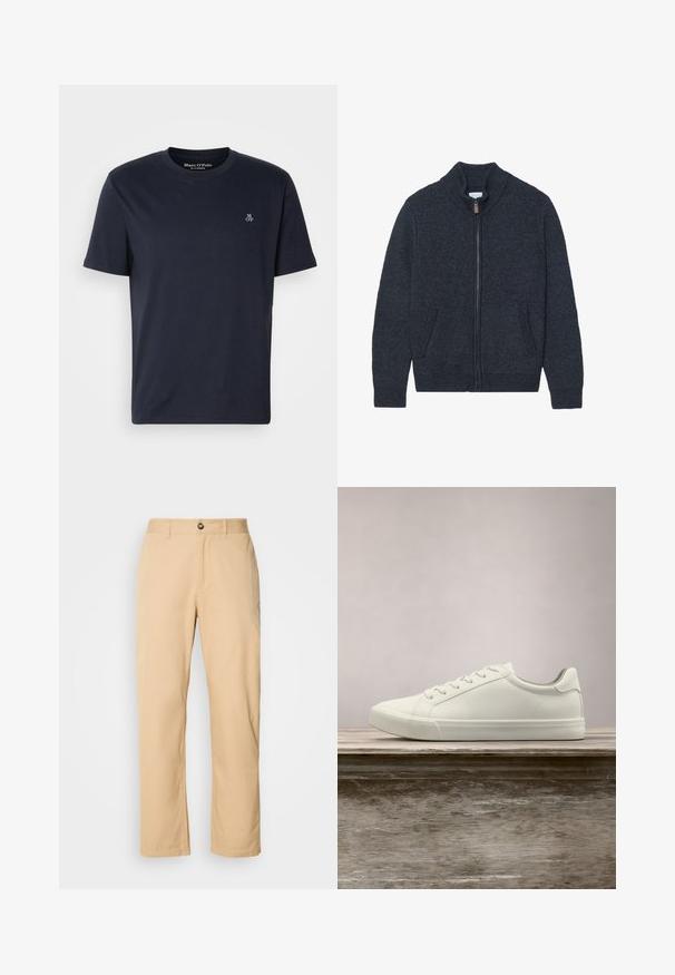 Cárdigan de punto gris oscuro con cuello alto, cremallera completa y dos bolsillos laterales. Tejido texturizado con puños y bajo acanalados.; Camiseta de algodón azul marino de manga corta, con cuello redondo y pequeño logo bordado en el pecho. Textura suave, diseño casual.; Pantalones de algodón khaki con un diseño de pierna recta, que cuentan con un cierre de botón en la parte frontal y lazos para el cinturón. Textura suave y superficie lisa.; Zapatilla blanca con cordones flotando sobre un banco de madera con follaje verde al fondo, mostrando el diseño y la textura del zapato.