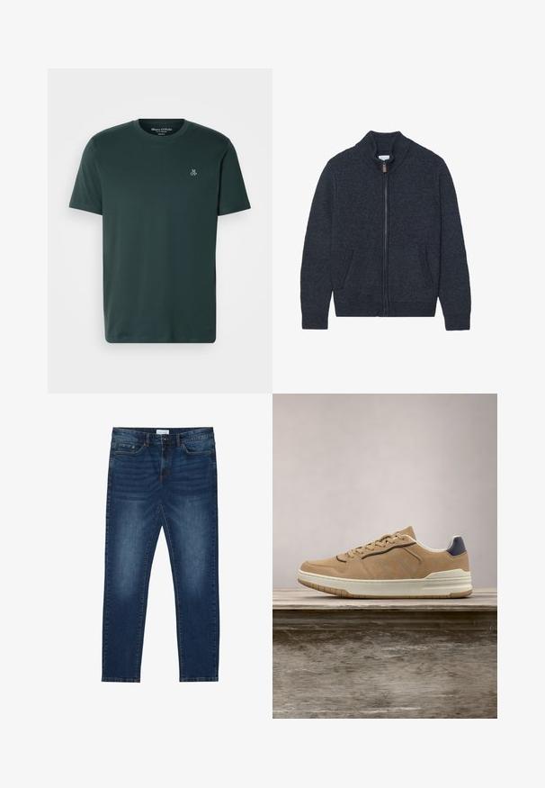 Cárdigan de punto gris oscuro con cuello alto, cremallera completa y dos bolsillos laterales. Tejido texturizado con puños y bajo acanalados.; Camiseta verde oscuro hecha de tela suave, con cuello redondo y mangas cortas. Logo bordado en el lado izquierdo del pecho.; Vaqueros ajustados de color azul oscuro con detalles desgastados, diseño clásico de cinco bolsillos, cierre de botón y presillas para cinturón.; Deportiva de ante beige con suela de goma blanca, que presenta cordones beige, acentos en azul marino y detalles perforados en la puntera.