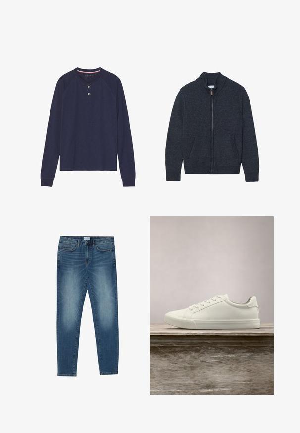 Cárdigan de punto gris oscuro con cuello alto, cremallera completa y dos bolsillos laterales. Tejido texturizado con puños y bajo acanalados.; Camiseta henley de manga larga azul marino con escote redondeado, tapeta con dos botones y puños acanalados. Textura suave, diseño casual.; Vaqueros de mezclilla en azul medio con un lavado descolorido, diseño de cinco bolsillos, corte recto y acentos cosidos. Cierre con botón y cremallera.; Zapatilla blanca con cordones flotando sobre un banco de madera con follaje verde al fondo, mostrando el diseño y la textura del zapato.